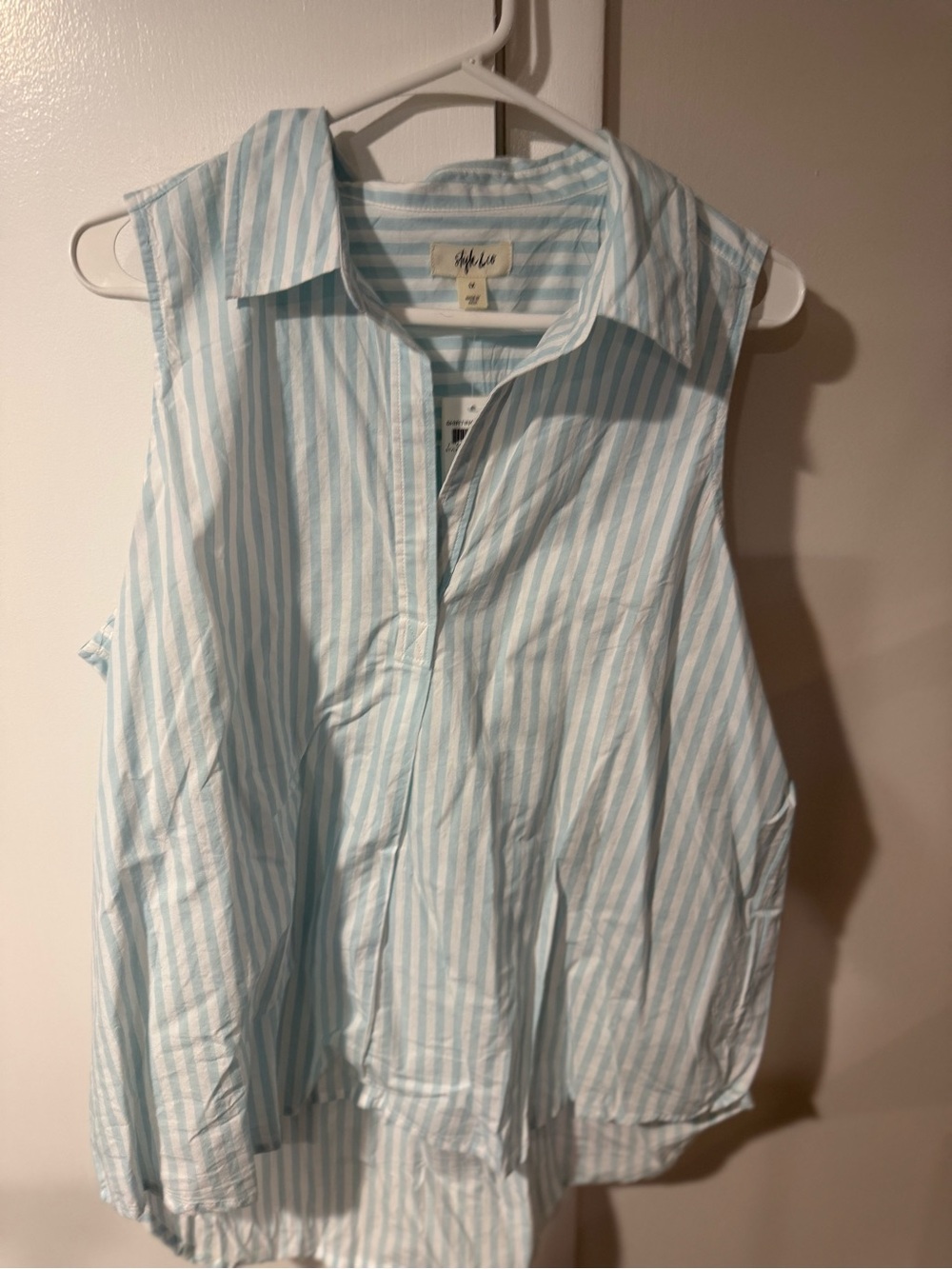 NWT - Style & Co Sleeveless Light Blue & White Striped Button-Front Blouse